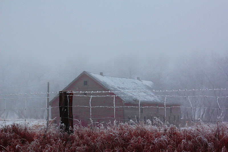 Barn In Fog by Ray Holmberg